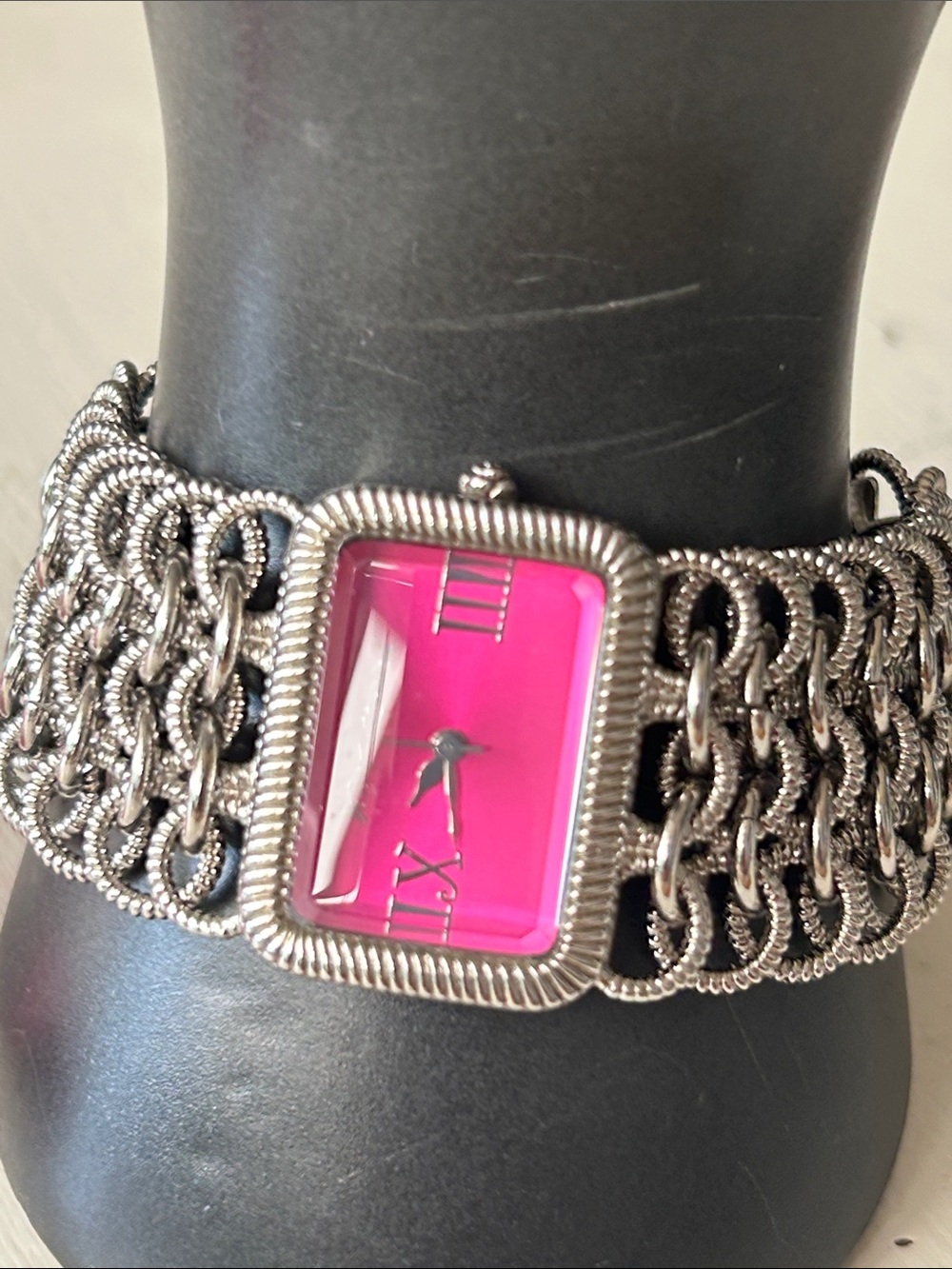 Betsey Johnson chain bracelet watch w/rectangular hot pink dial